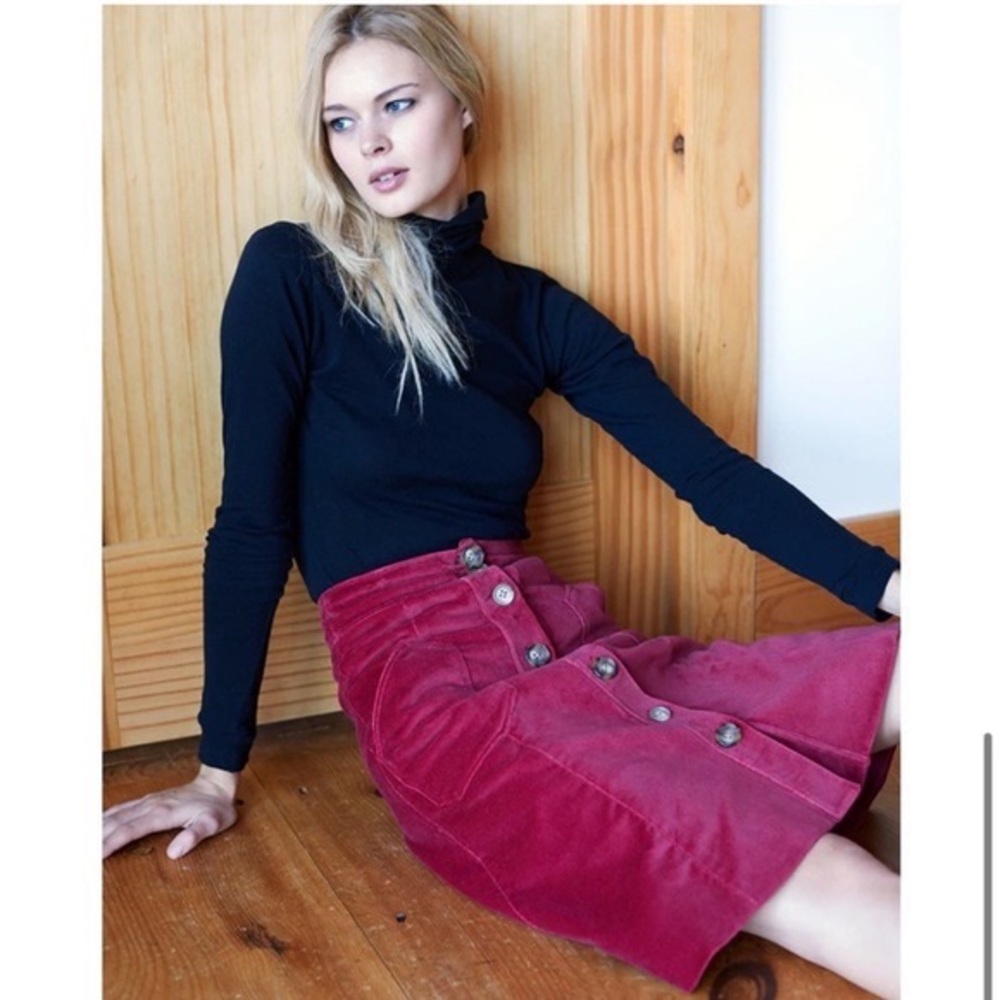 Emerson Fry Margot button front a line red cotton velvet midi skirt size small